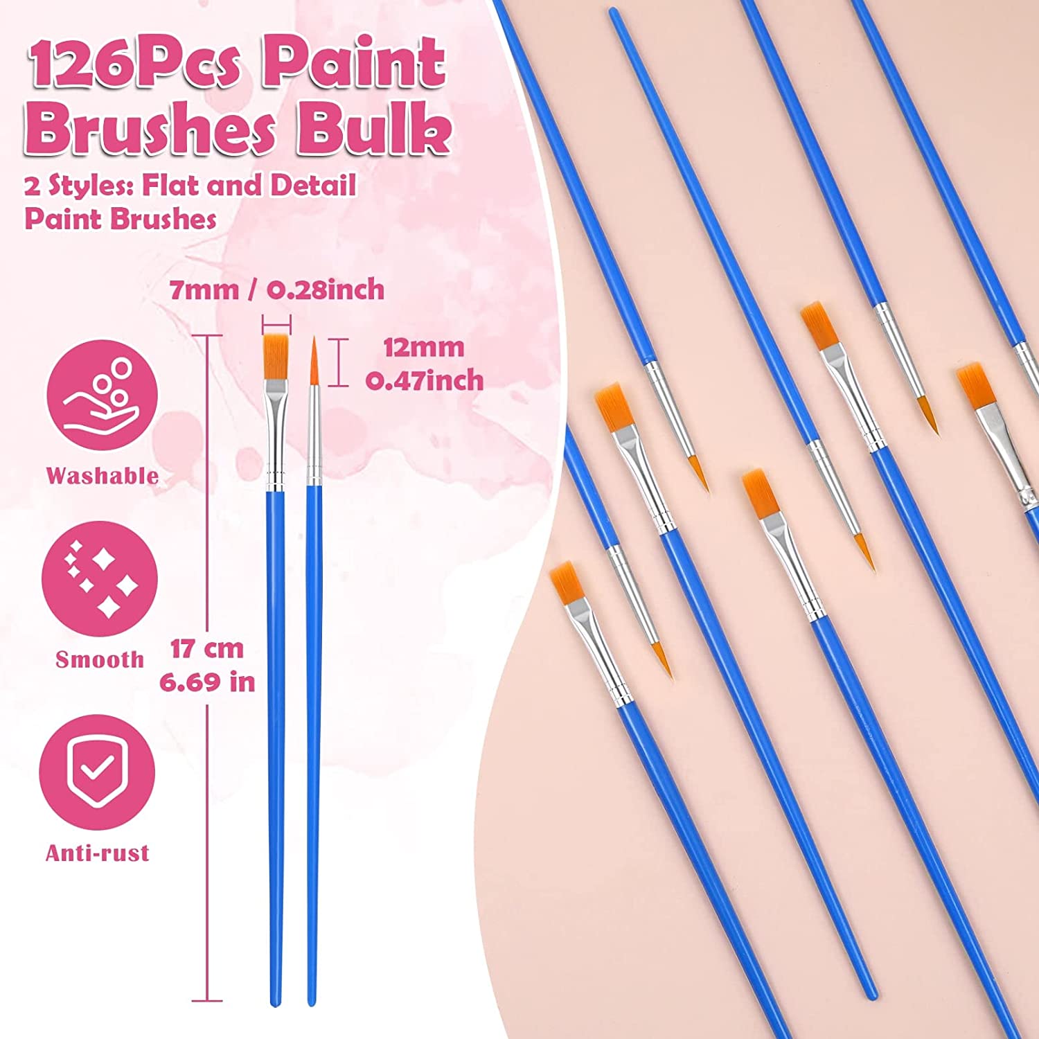 126 Pcs Small Paint Brushes Bulk, Kids Paint Brushes with Flat and Round Pointed Paint Brushes Set, Craft Brushes for Classroom Acrylic Oil Watercolor